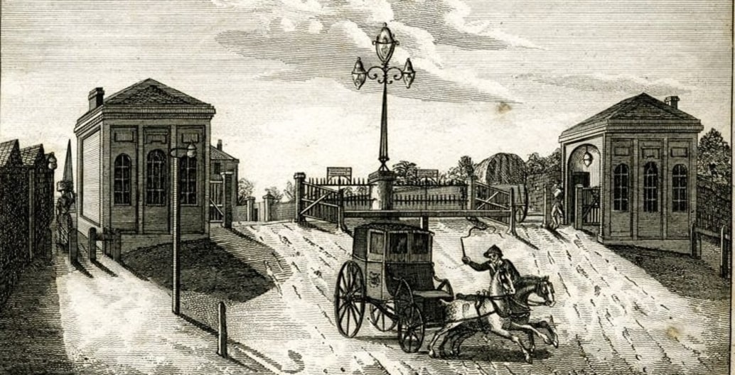 An 18thC depiction of the turnpike or guarded toll point at Hyde Park Corner, London.