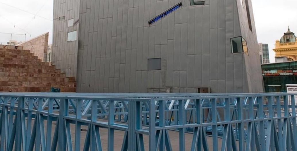 The frame for the first zero-waste Greenhouse in Federation Square. Photo courtesy Joost Bakker