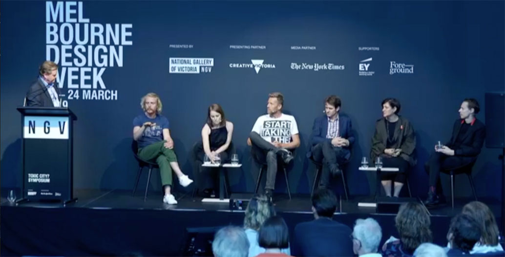 The Toxic City panel, Melbourne Design Week 2019 - from left: Andrew Mackenzie, Ross HArding, Bonnie Herring, Joost Bakker, Craig Reucassel, SueAnne Ware, Daan Roosegarde