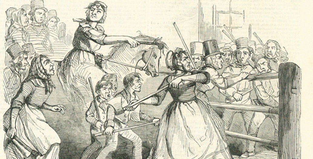 The 19thC Rebecca riots: an uprising of farmers against tolls imposed for use of roads to get produce to market.