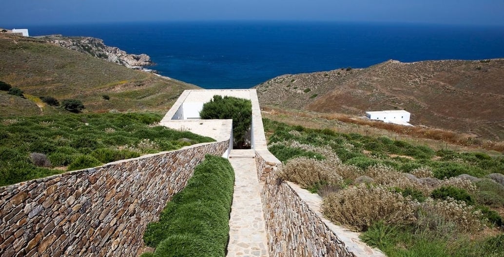The 'gardens' of Doxiadis+ Estate on a pristine island, Skyros, Greece, utilises local vegetation.