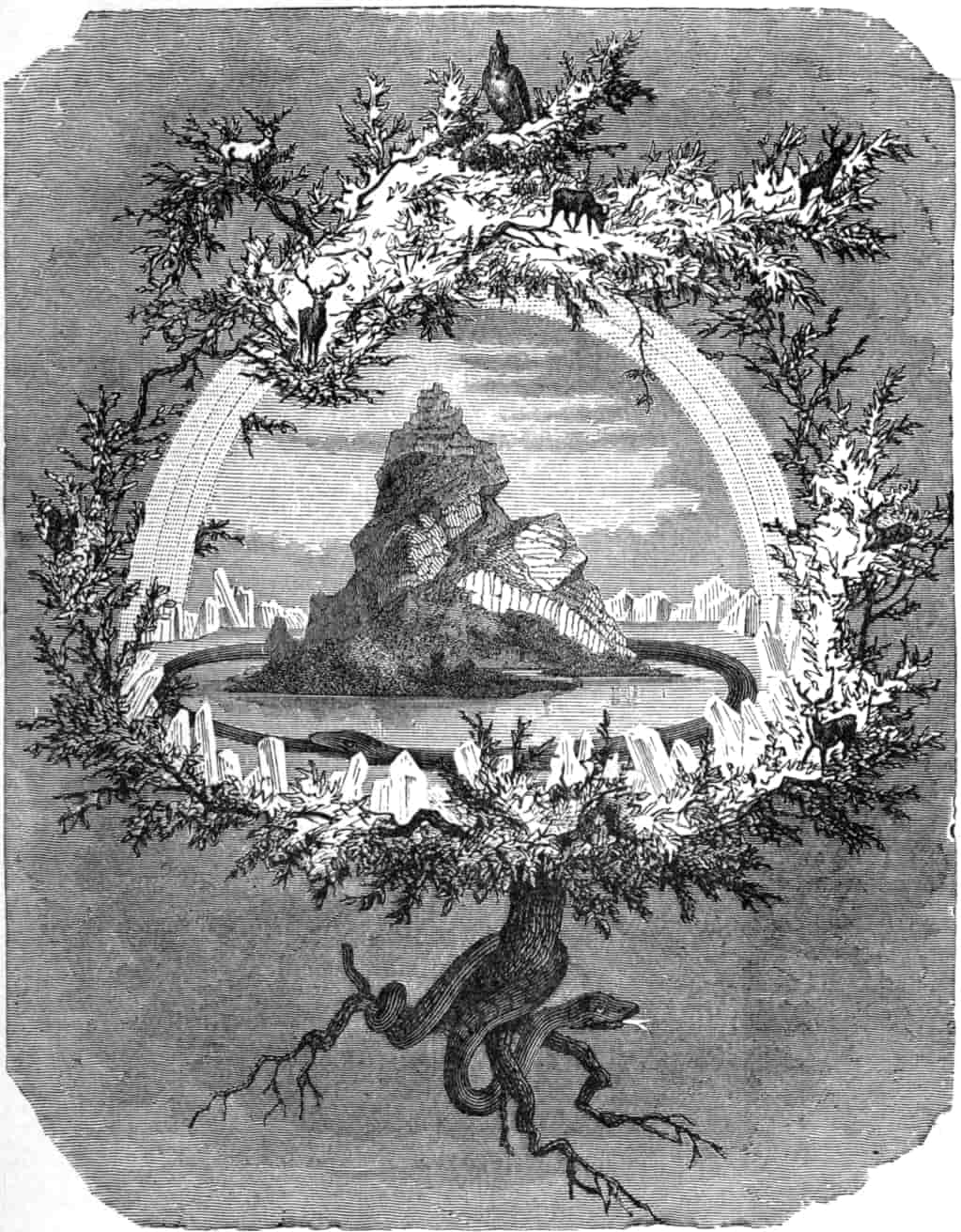 Old Norse world-ash Yggdrasil, whose roots reach down into hel, the region of the dead, while its topmost branches touch the realms of the gods. By Friedrich Wilhelm Heine