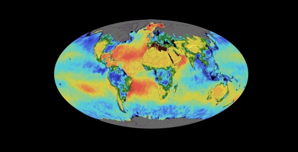 Still from an animated time lapse of sea surface salinity and soil moisture from NASA Soil Moisture Active Passive (SMAP) satellite: April 2015 to February 2019.