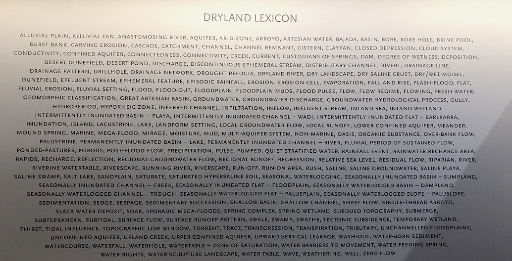 The exhibition endwall features a 'Dryland Lexicon' of the many terms used to describe dryland waterway geography.