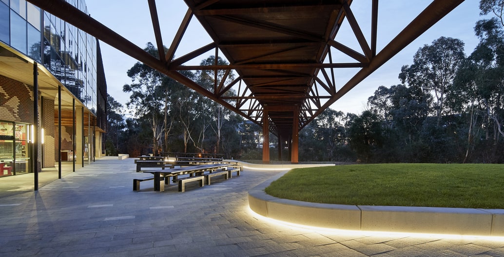 Campus designs use multi-functionality to keep students around. The Building HD Courtyard at Deakin University by GHD Woodhead serves events and individuals. Photo: Peter Bennets
