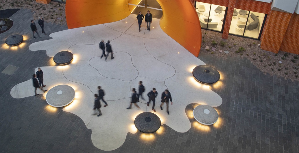 Callum Morton's 'The Spill' meets the pavement of RWA's Western Precinct Landscape. Photo: John Gollings