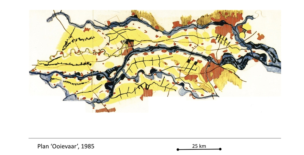 Plan Ooievaar (Plan Stork) showing separation of land use types: blue/green framework of low-dynamic uses along the river and flexible high-dynamic spaces inland in yellow. Image: H+N+S