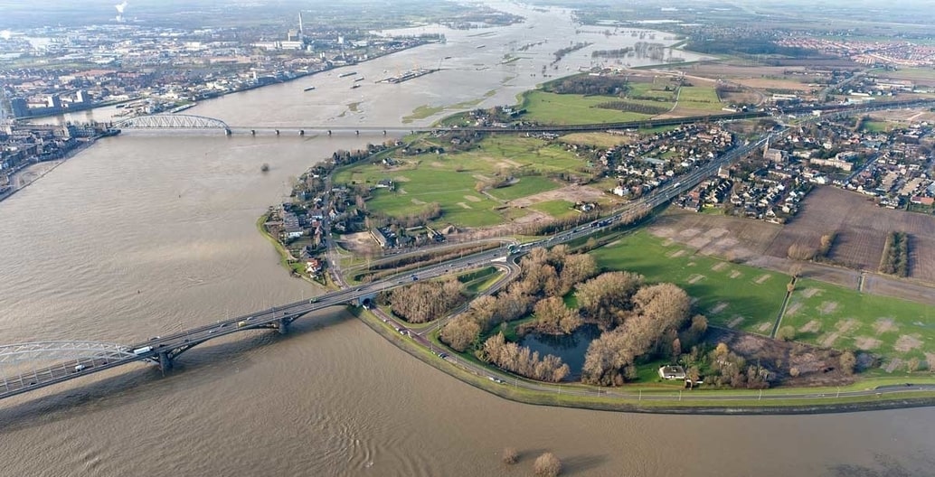 A Room for the River project. 'Before' image of Waal river at Nijmegen at high water.