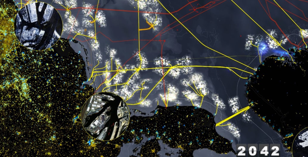 A speculative windfarm of 25,000 turbines provides 90% of energy needs to North Sea countries. H+N+S Landschapsarchitecten