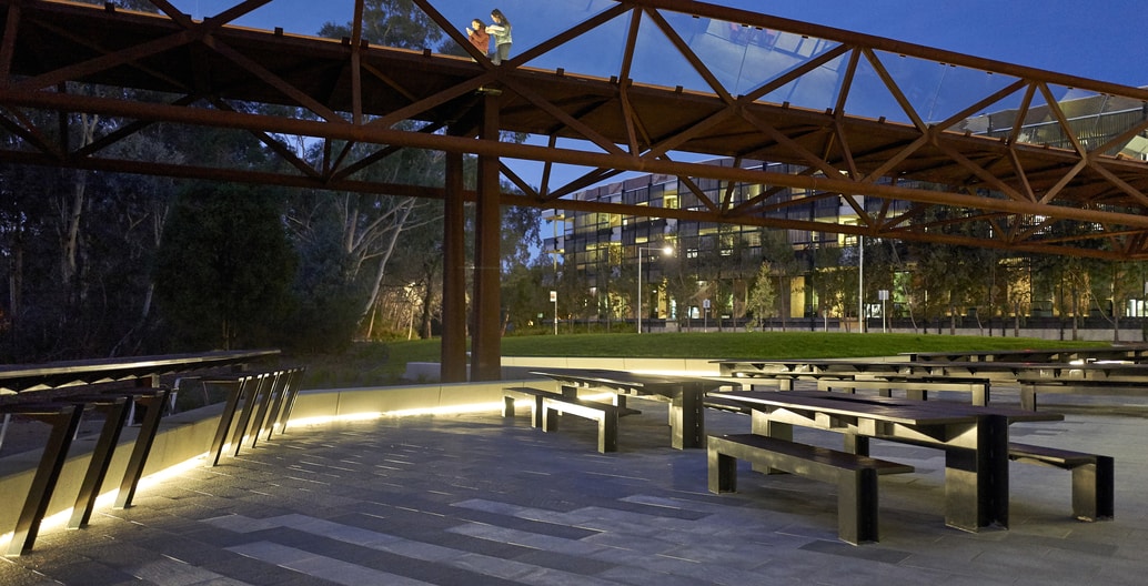 The footbridge over GHD Woodhead's Building HD Courtyard at Deakin University provides shade and views. Photo: Peter Bennets