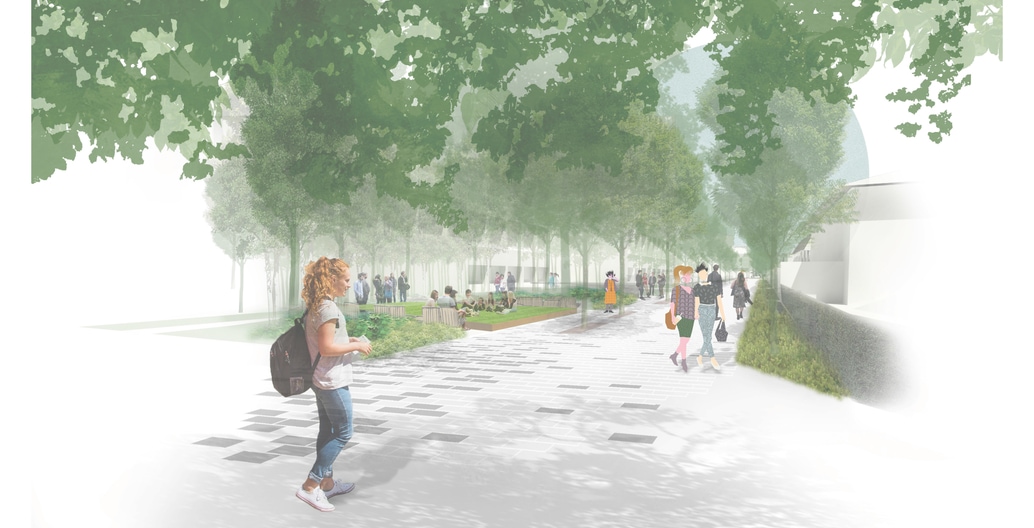 The Tin Alley Masterplan for the University of Melbourne is a campus design transforming a road into a Green Spine. By Hassell.
