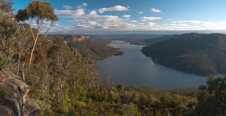 The view from Burragorang Lookout shows Lake Burragorang, impounded by Warragamba Dam in the valley below. Photo: popejon2