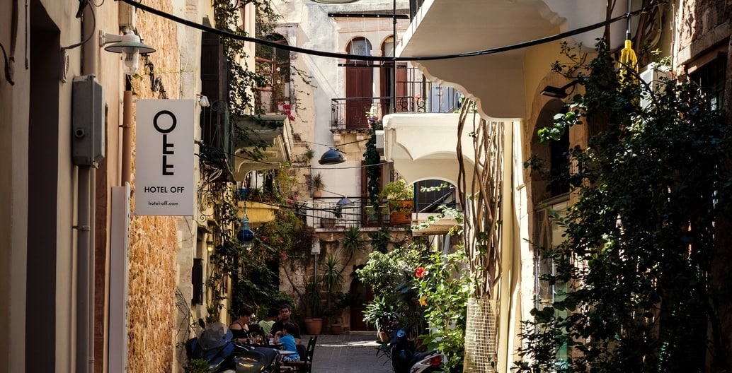 The green infrastructure of traditional potted plants in the narrow laneways and on balconies of a medium-density Greek town. Photo: Matthieu Oger