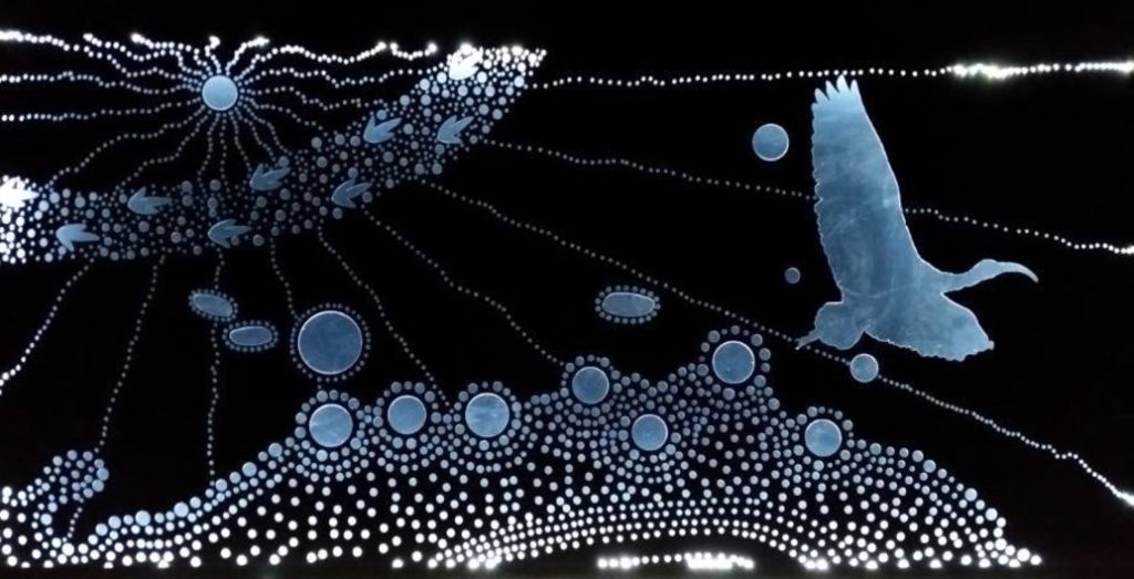Tjirbruki Munaintya Tjirbruki is an important Kaurna Creation Ancestor. The artwork translates his creation story into an aerial map, which includes Warriparinga, the Adelaide Coastline, Victor Harbor and Brukunga in the Adelaide Hills. Artwork: Aboriginal registered landscape architect and visual artist Paul Herzich