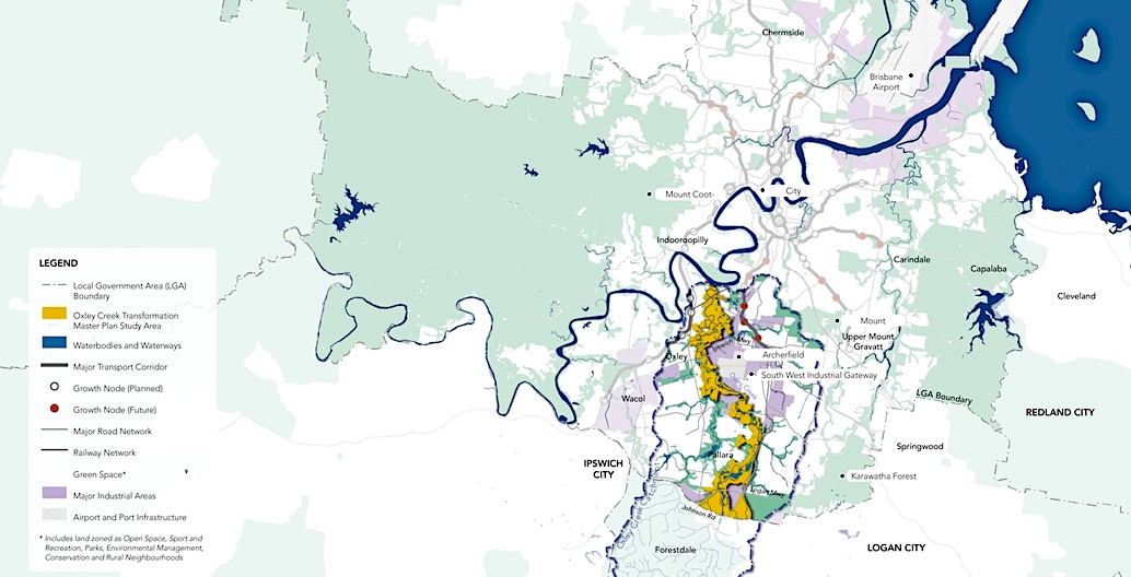 The Oxley Creek Transformation Master Plan is the first milestone in transforming the 20-kilometre Oxley Creek corridor. Image: Lat27
