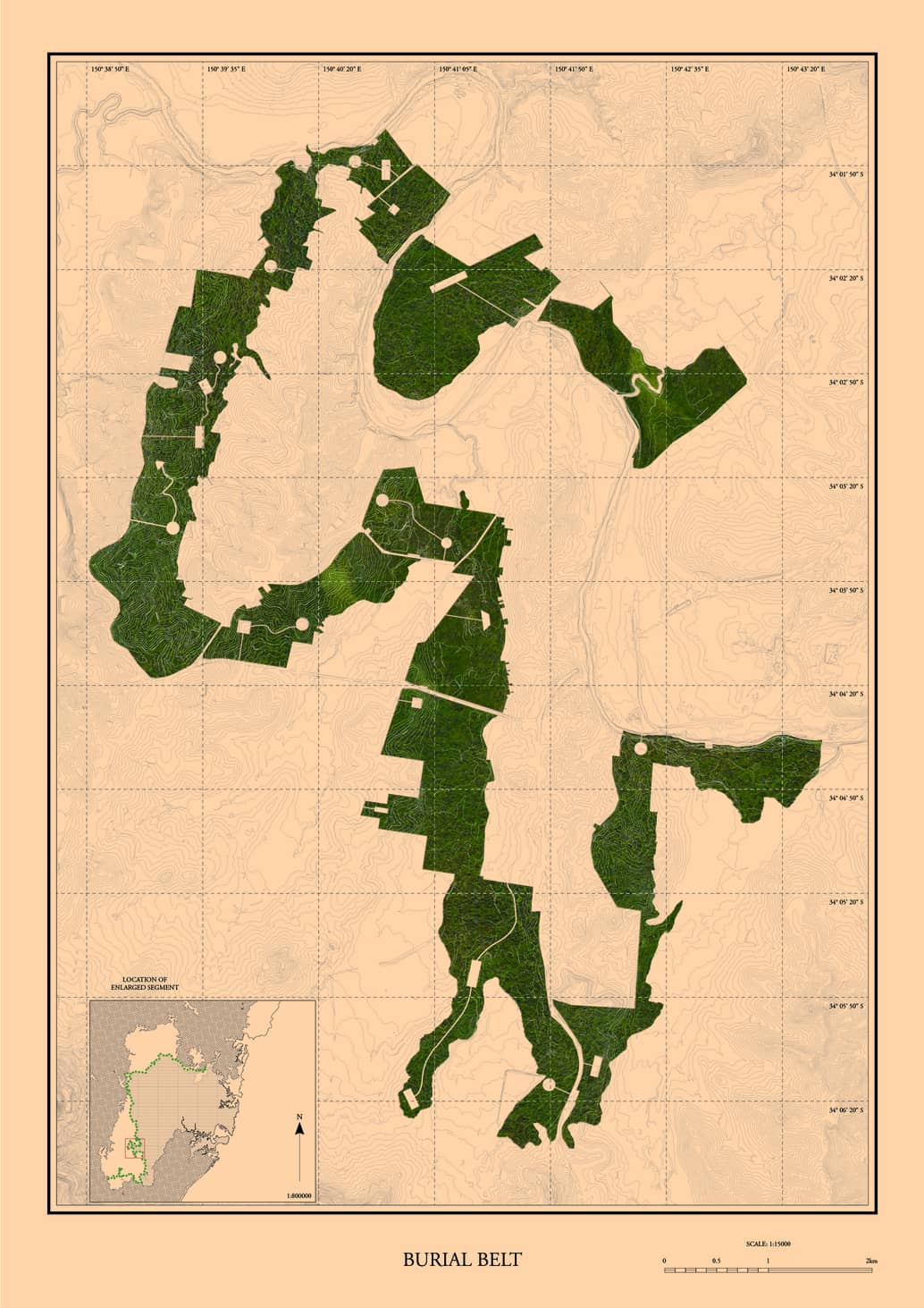 A 'map' of a segment of the proposed Burial Belt spanning the Camden Park area in Sydney's southwest. Image: Other Architects