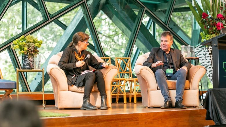 The square and the park festival co-director Kirsten Bauer speaks with keynote presenter Günther Vogt. Photo: David Hyde