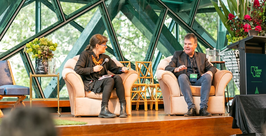 The square and the park festival co-director Kirsten Bauer speaks with keynote presenter Günther Vogt. Photo: David Hyde