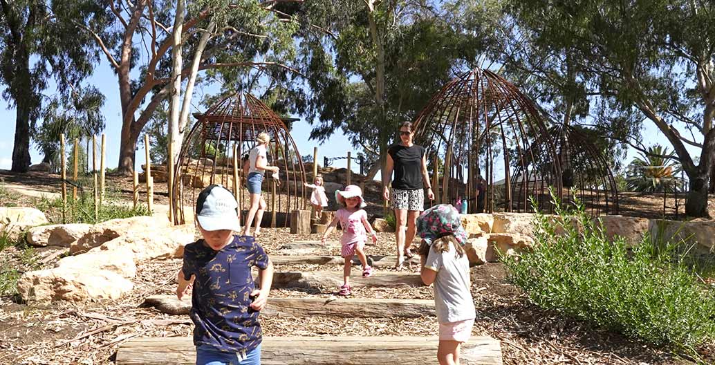 Wathuwardi (Kaurna branch huts) in the natureplay space engage children in the cultural and environmental richness of Felixstowe Reserve. Photo: Same River