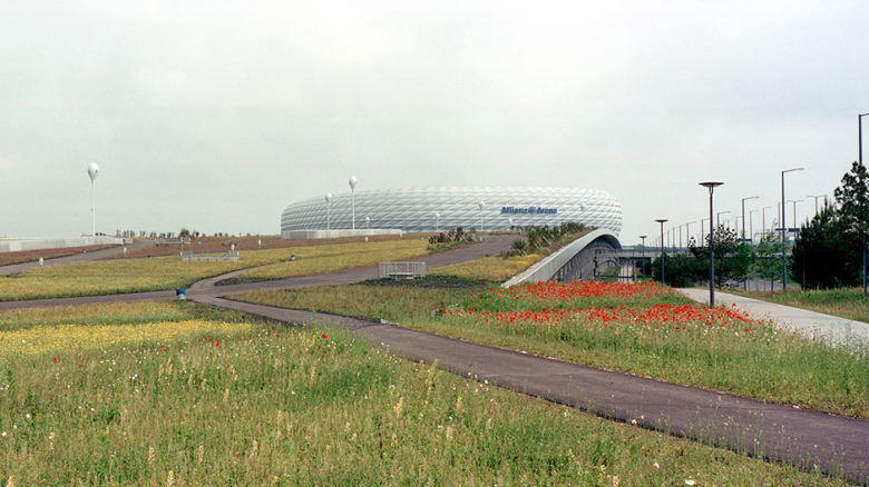 Allianz Arena, Munich. This hybrid combination landscape-park is not only a platform for the stadium building but also a reassessment of today’s definition of a park. Photo: Christian Vogt