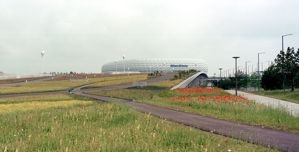 Allianz Arena, Munich. This hybrid combination landscape-park is not only a platform for the stadium building but also a reassessment of today’s definition of a park. Photo: Christian Vogt