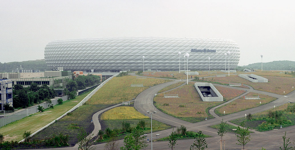 Allianz Arena, Munich where the building and the landscape architecture are mutually dependent. Photo: Christian Vogt