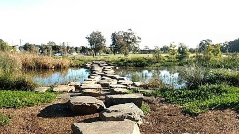 Broad stepping stones cross the easternmost wetland ponds at Felixstowe. Photo: Jo Russell-Clarke