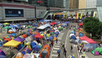 The encampment of the student group Occupy Central with Love and Peace in Admiralty, Hong Kong, September 2014. Students defended themselves with umbrellas that evening when flooded with tear gas. Photo: Wing1990hk