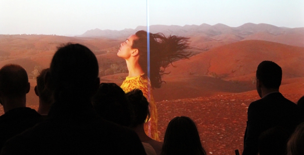 Amrita Hepi on screen. Video installation Movement of Place, produced as part of the Kevin Taylor Legacy. Image supplied