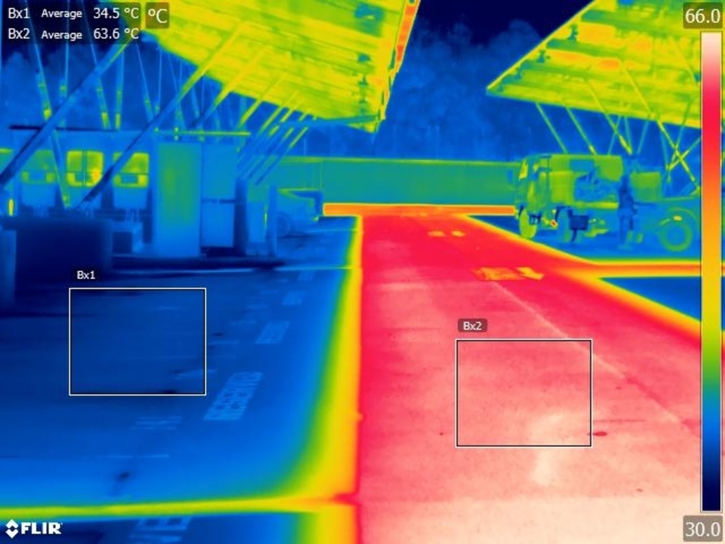 Urban heat accumulates in exposed hard surfaces, such as roads.