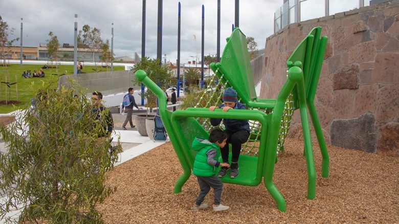 A sweeping wall was a byproduct of the car ramps but offered an opportunity for playgrounds at the top and bottom of the park. Photo: John Gollings.