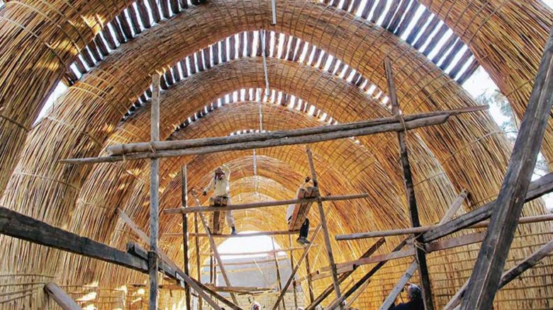 In the Southern Wetlands of Iraq, an entire Ma’dan house known as a mudhif, which is built entirely of qasab reed without using mortar or nails, can be taken down and re-erected in a day. Photo: © Jassim Alasadi