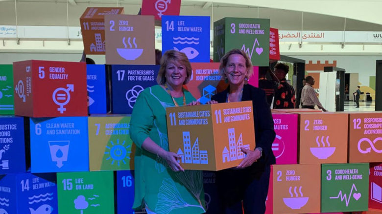 Leading Australian planner Dyan Currie with Barbara Norman and their pick of the SDGs in Abu Dhabi. Image: the author