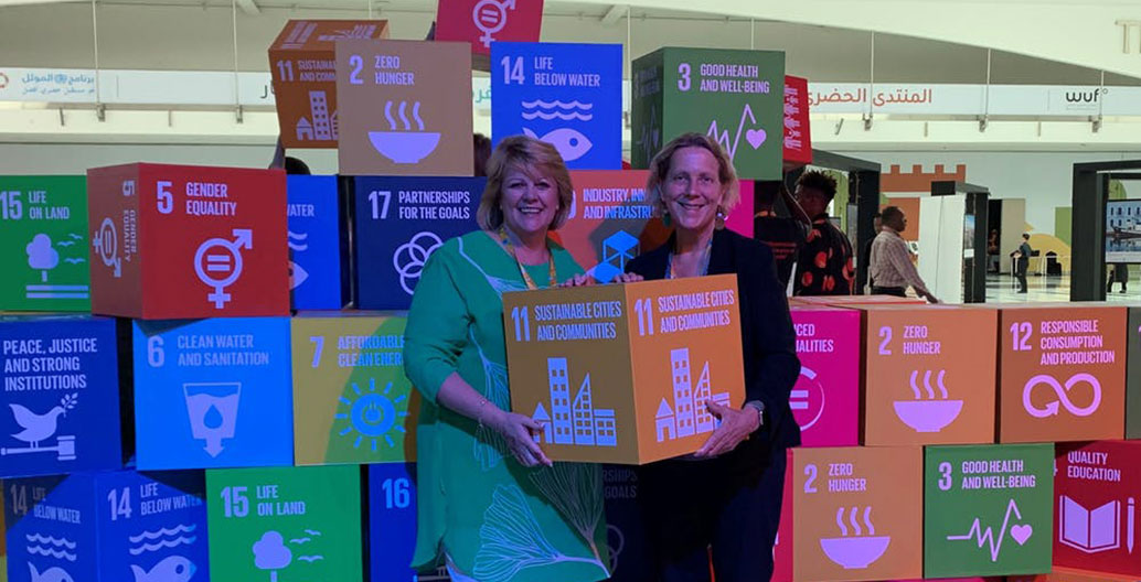 Leading Australian planner Dyan Currie with Barbara Norman and their pick of the SDGs in Abu Dhabi. Image: the author