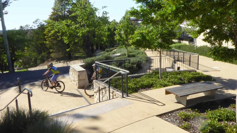 The design of Memory Park in the Blue Mountains west of Sydney deals with significant level changes to connect residential areas public parkland and a train station. Photo: Corkery Consulting