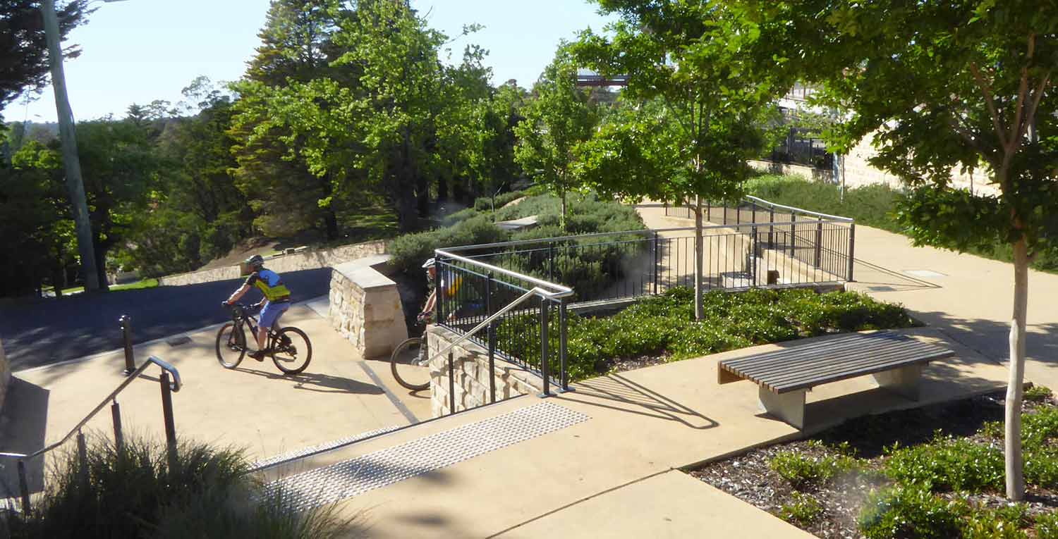The design of Memory Park in the Blue Mountains west of Sydney deals with significant level changes to connect residential areas public parkland and a train station. Photo: Corkery Consulting