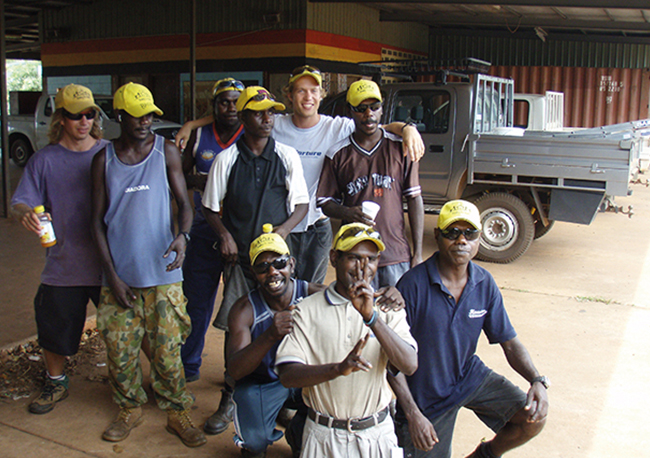 Small teams of local people undertake Survey-Fix work as part of Healthabitat's "yellow caps" house repair program.