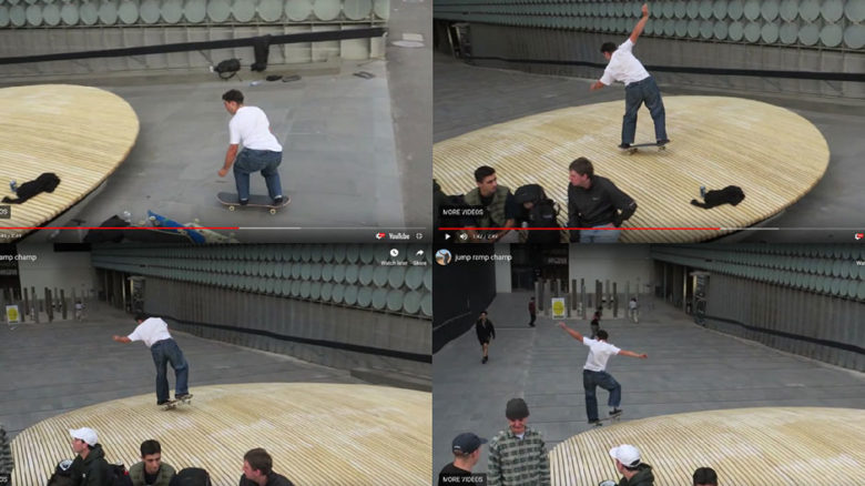 Stills from Jump Ramp Champ, an OPENWORK design intervention at RMIT's Design Hub, just down the road from Lincoln Square. Image: Theguystokeschannel