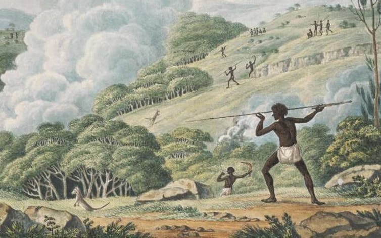 Aborigines Using Fire to Hunt Kangaroos, by Joseph Lycett. Indigenous people have used cultural fire practices for thousands of years. Photo: National Library of Australia