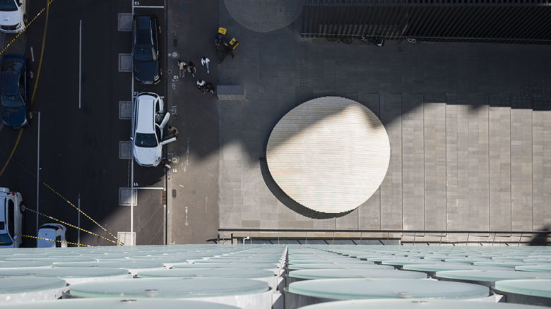 An aerial view of Openwork's circular installation at RMIT Building 100