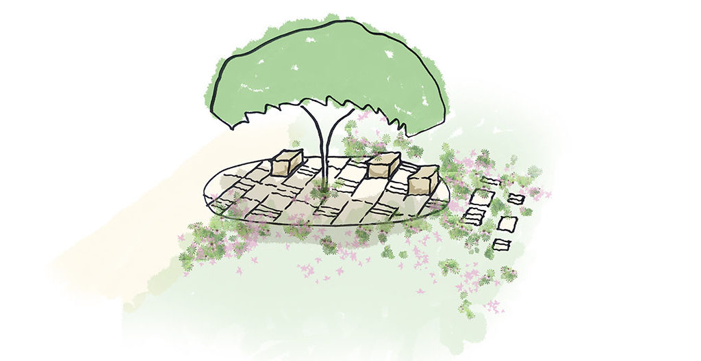 A seating sketch of Openwork's healing garden shows a tree at the centre of a gathering zone. Image: Openwork