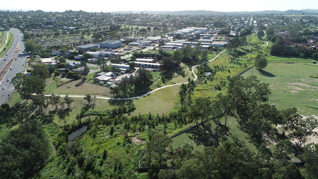 The revitalised Small Creek, with recreated meanders and new vegetation. Image: Airborn Insight