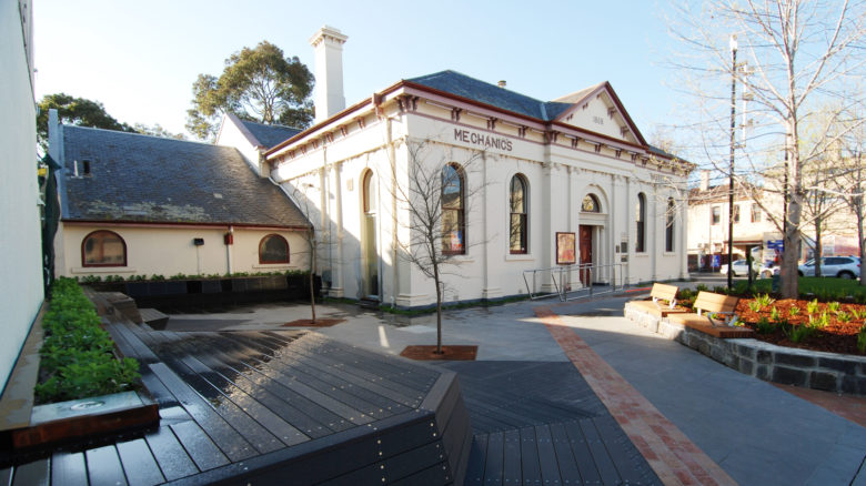 Brunswick Mechanics Institute Forecourt on Sydney Road. Image: courtesy of Moreland City Council