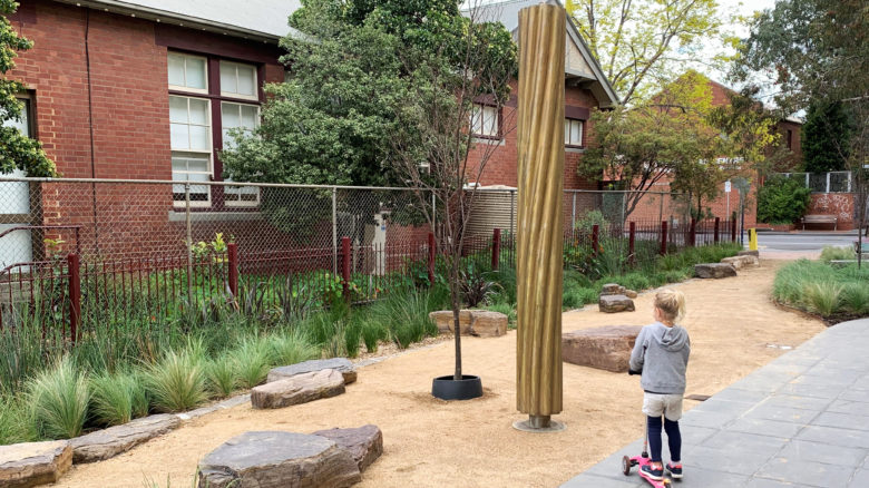 At Saxon Street, ”seating and planting areas help form a permeable, soft landscape, with a sculpture as a focal point.“ Image: courtesy of Moreland City Council