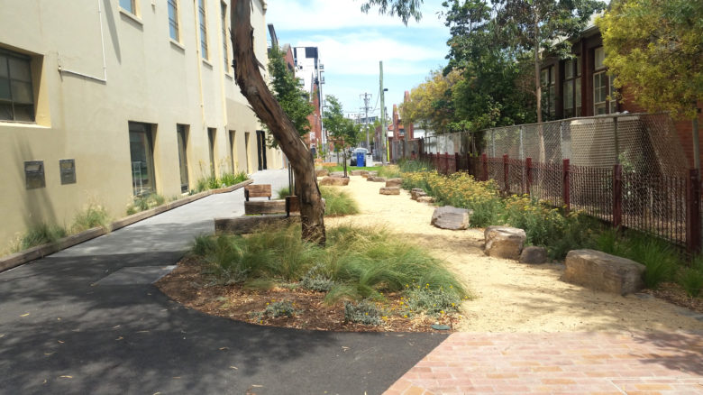 Saxon Street, now closed to traffic, at the rear of Brunswick Town Hall. Image: courtesy of Moreland City Council