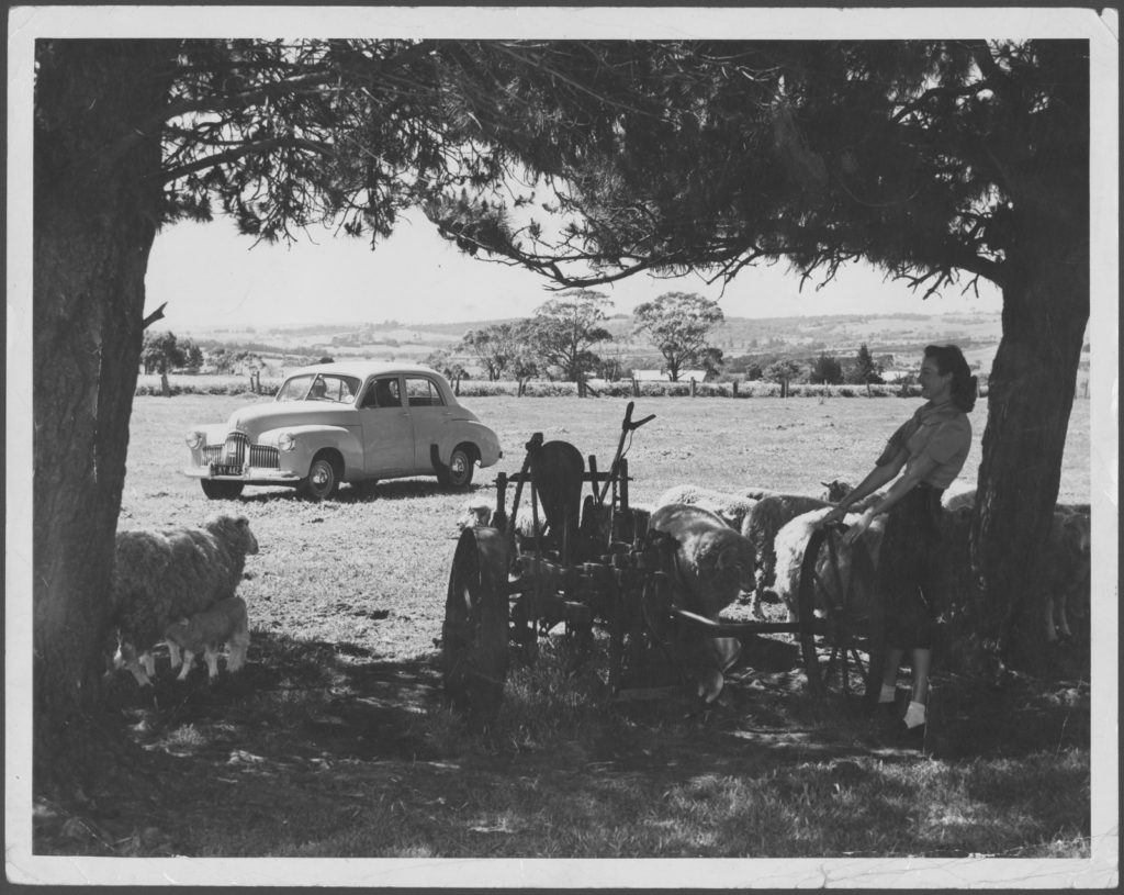 Holden FX parked on a sheep farm, c.1947. If only our cities had such adequate space for parking. Image: Athol Shmith (SLV collection)