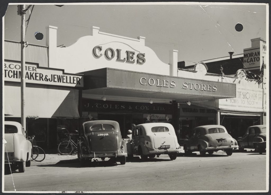 Coles store in Swan Hill, c.1950. With the rise of online shopping, it's not just High Street parking that's at risk anymore, but the High Street itself. Image: M Zaetta (SLV Collection) 