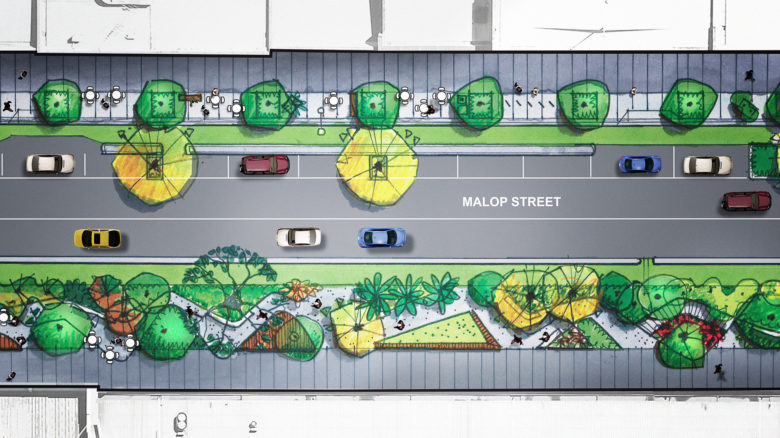 The Malop Street upgrade involved creating a protected bicycle lane as well as outdoor seating. Image: Outlines