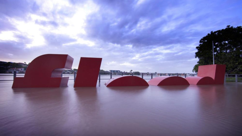Richard Tipping's ‘Watermark’ sculpture at the Brisbane Powerhouse, commemorating the 1974 floods, inundated by flood waters at New Farm, 2011. Image: John Oxley Library, State Library of Queensland