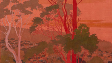 Detail of Marion Mahony Griffin's 'Eucalyptus urnigera Tasmanian Scarlet Bark, sunset (Forest Portrait',) c1918. (c) Mary + Leigh Block Museum of Art.